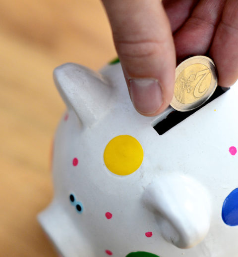 Hand steckt Geld in Sparschwein